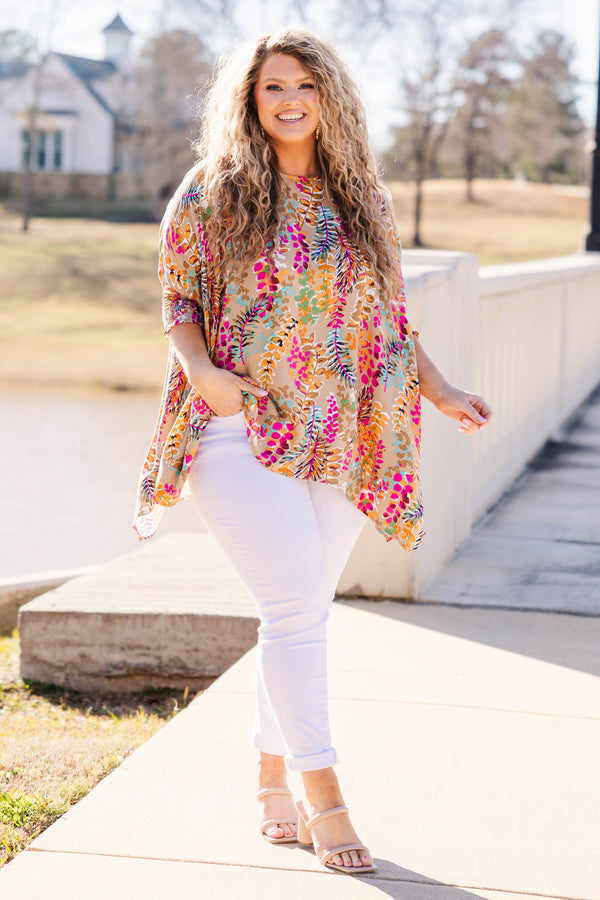 Chic Soul plus size clothing, taupe flowy tunic with multicolor floral pattern and 3/4 length sleeves