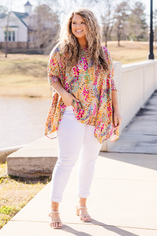 Chic Soul plus size clothing, taupe flowy tunic with multicolor floral pattern and 3/4 length sleeves
