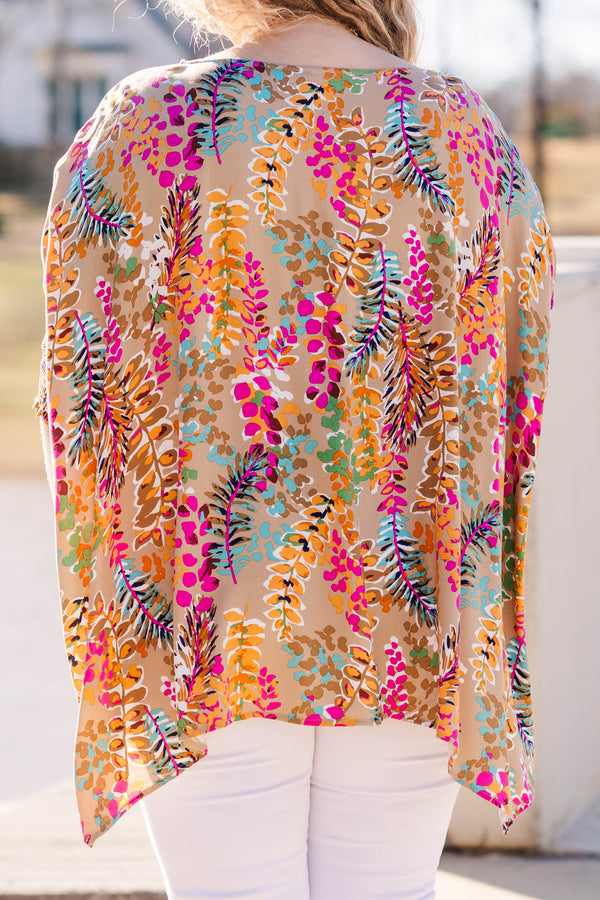 Chic Soul plus size clothing, taupe flowy tunic with multicolor floral pattern and 3/4 length sleeves