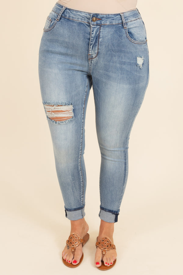 Chic Soul plus size clothing, light wash distressed skinny jeans