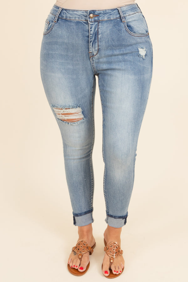 Chic Soul plus size clothing, light wash distressed skinny jeans