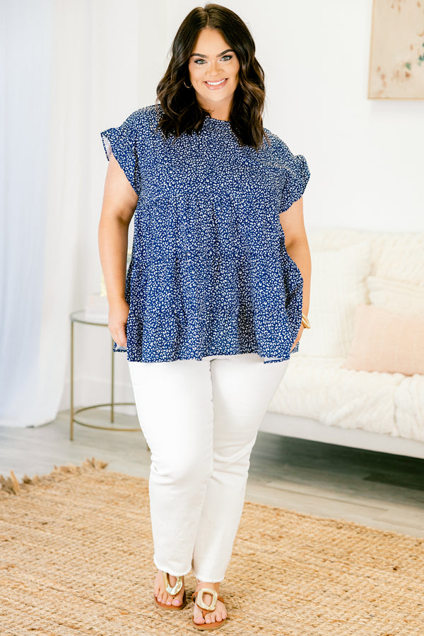 Chic Soul plus size clothing, Navy sort sleeves top with a leopard pattern