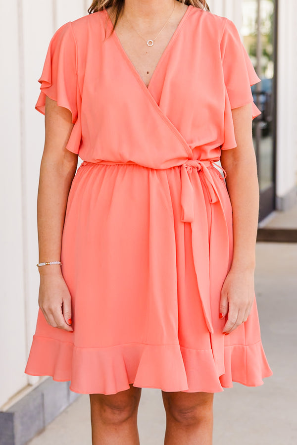 Chic Soul plus size clothing, sunset short sleeve mini dress with tie waist detail with v neckline and ruffle sleeves