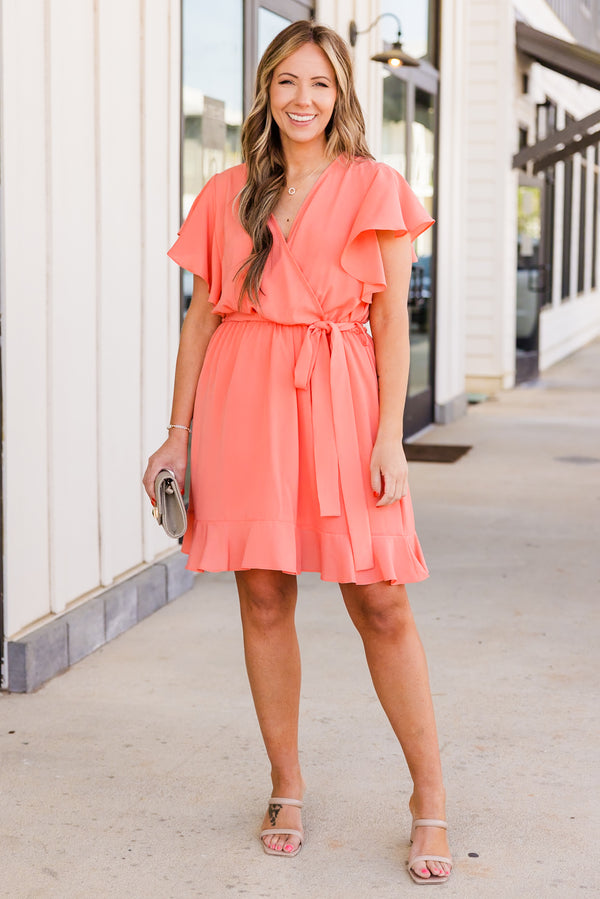 Chic Soul plus size clothing, sunset short sleeve mini dress with tie waist detail with v neckline and ruffle sleeves