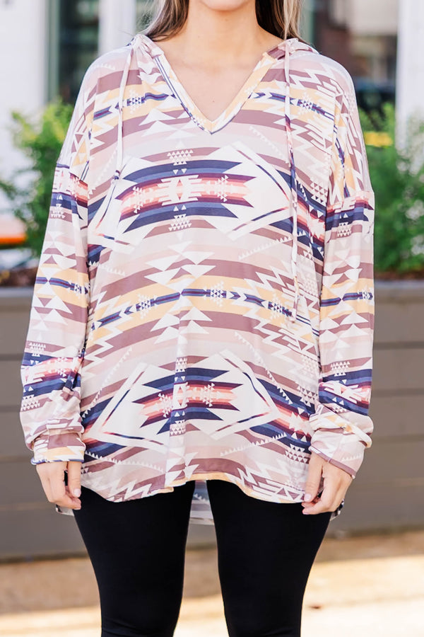Chic Soul plus size clothing, taupe multi colored aztec pattern long sleeve top with a v neckline and split hem
