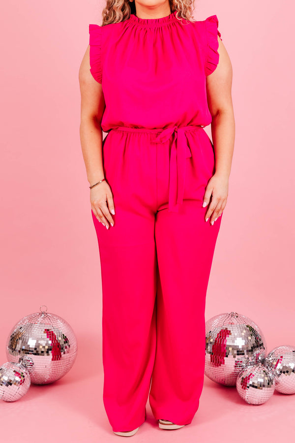 Chic Soul plus size clothing, fuchsia colored jumpsuit with tie at waist and ruffled details on neckline and sleeves