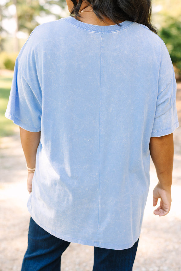 Plus size cornflower blue acid wash relaxed tee with a vintage horse graphic.