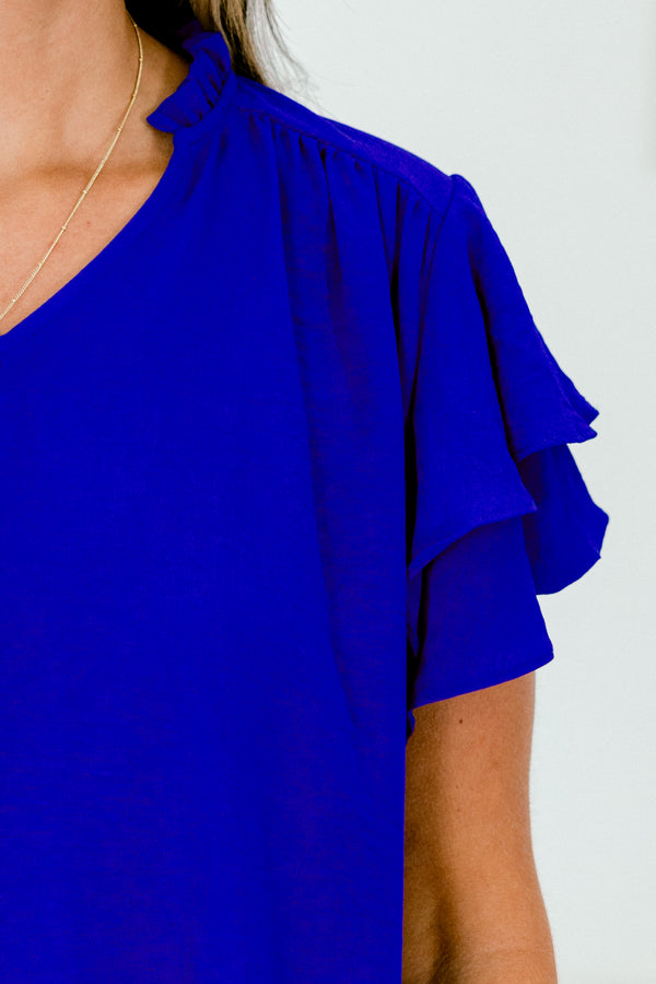 Chic Soul plus size clothing, royal blue short sleeve short sleeve flowy top with v neckline and ruffle sleeves
