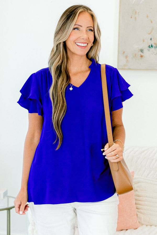 Chic Soul plus size clothing, royal blue short sleeve short sleeve flowy top with v neckline and ruffle sleeves