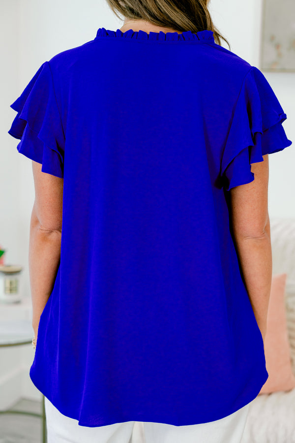 Chic Soul plus size clothing, royal blue short sleeve short sleeve flowy top with v neckline and ruffle sleeves