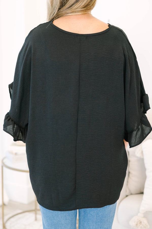 Chic Soul plus size clothing, black three quarter length sleeve babydoll flowy top with ruffle along sleeves and v neckline