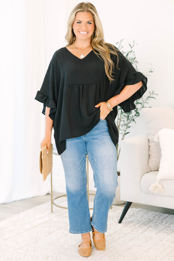 Chic Soul plus size clothing, black three quarter length sleeve babydoll flowy top with ruffle along sleeves and v neckline