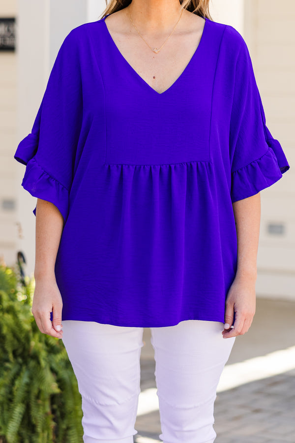 Chic Soul plus size clothing, short sleeve royal blue baby doll top with v-neckline and ruffled sleeves
