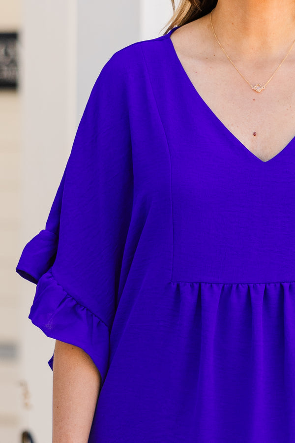 Chic Soul plus size clothing, short sleeve royal blue baby doll top with v-neckline and ruffled sleeves