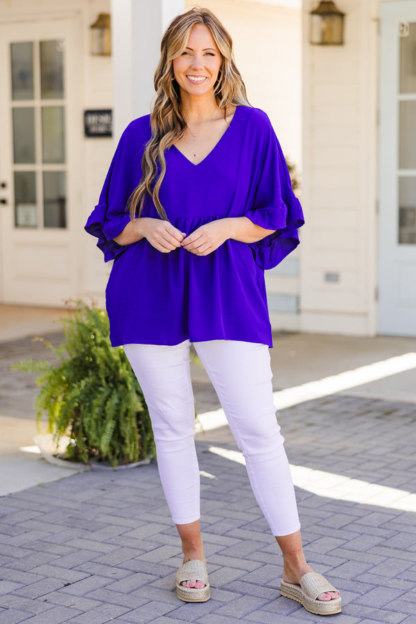 Chic Soul plus size clothing, short sleeve royal blue baby doll top with v-neckline and ruffled sleeves