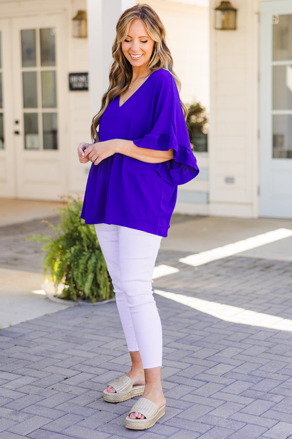 Chic Soul plus size clothing, short sleeve royal blue baby doll top with v-neckline and ruffled sleeves