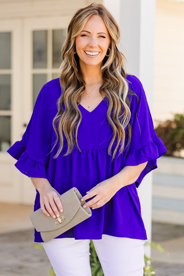 Chic Soul plus size clothing, short sleeve royal blue baby doll top with v-neckline and ruffled sleeves