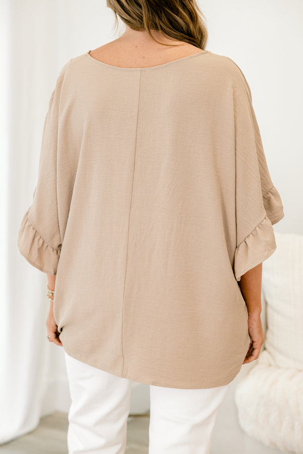 chic soul plus size clothing, taupe babydoll top with v-neck and short sleeves with a ruffle accent at the end of the sleeves 
