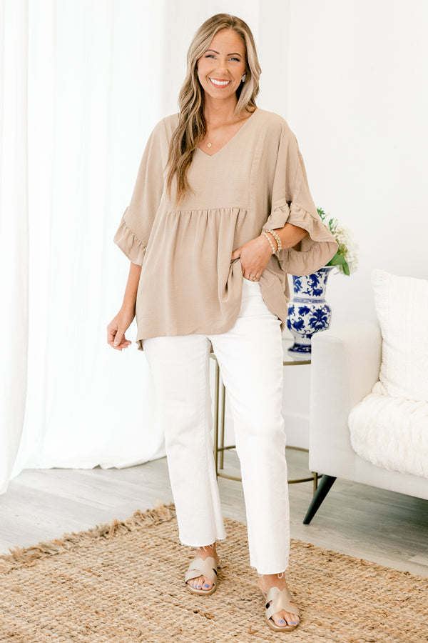chic soul plus size clothing, taupe babydoll top with v-neck and short sleeves with a ruffle accent at the end of the sleeves 

