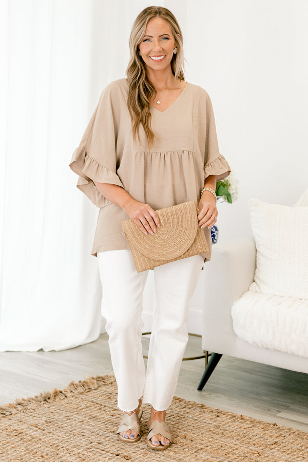 chic soul plus size clothing, taupe babydoll top with v-neck and short sleeves with a ruffle accent at the end of the sleeves 
