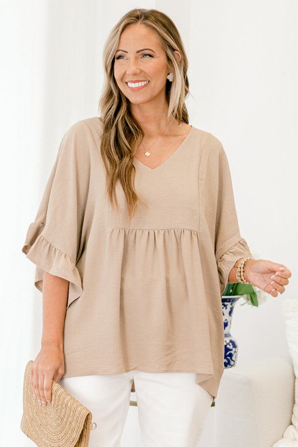 chic soul plus size clothing, taupe babydoll top with v-neck and short sleeves with a ruffle accent at the end of the sleeves 
