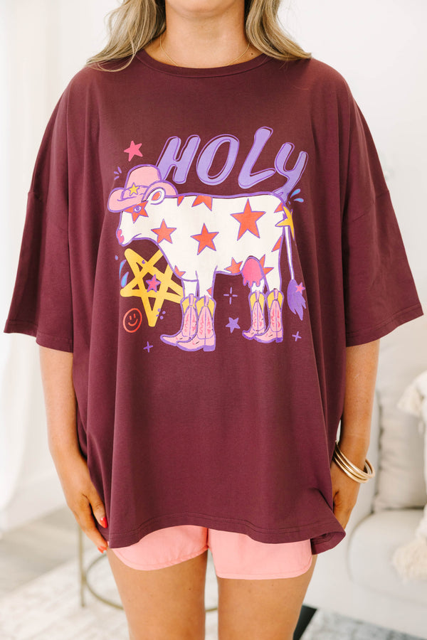 Plus size maroon Holy Cow boyfriend tee with a flowy fit