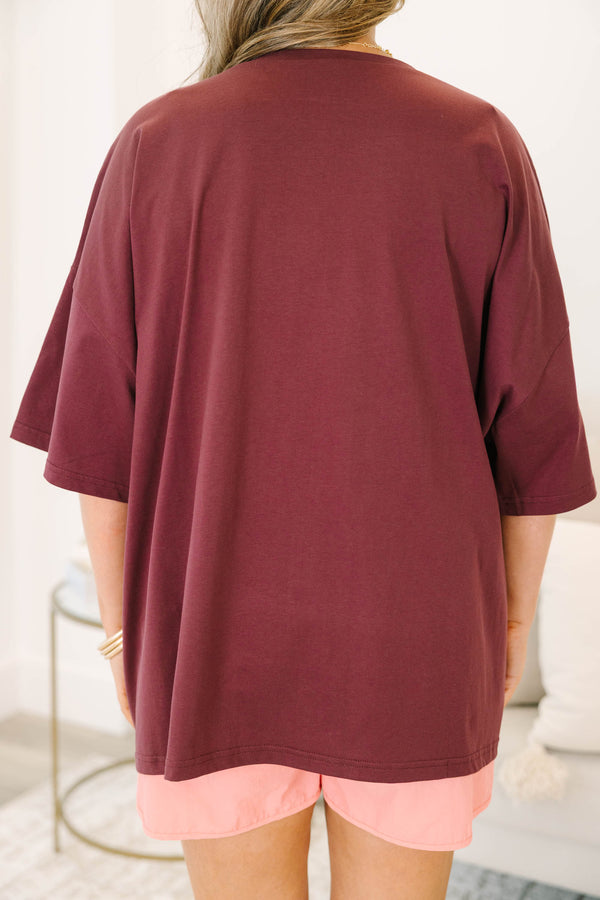 Plus size maroon Holy Cow boyfriend tee with a flowy fit