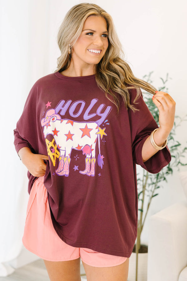 Plus size maroon Holy Cow boyfriend tee with a flowy fit