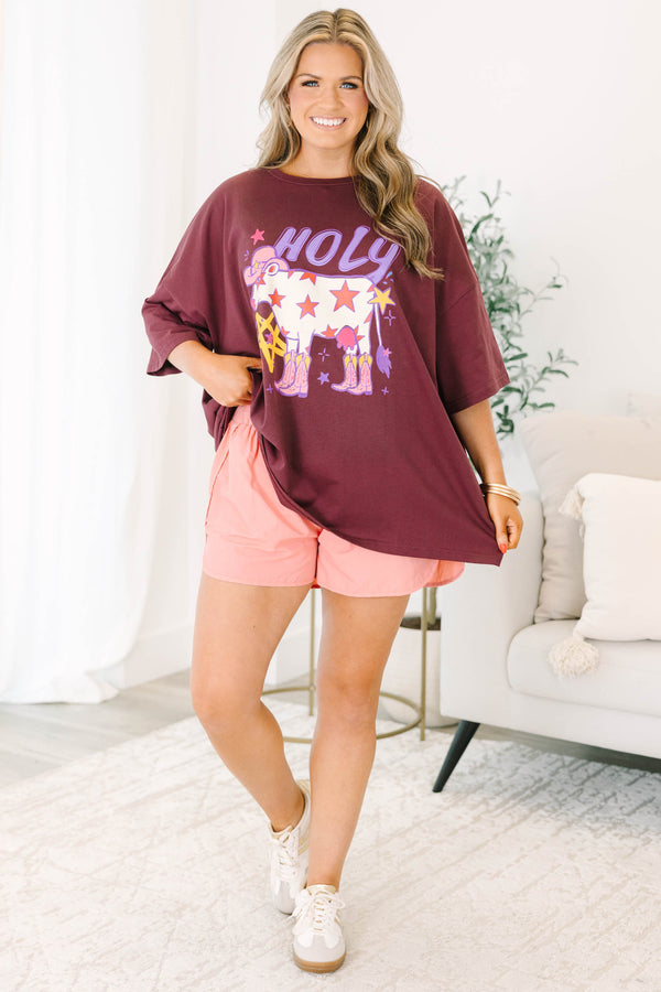 Plus size maroon Holy Cow boyfriend tee with a flowy fit