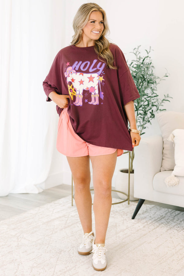 Plus size maroon Holy Cow boyfriend tee with a flowy fit