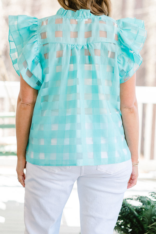 Chic Soul plus size clothing, short-flutter-sleeve sheer aqua blue top with a split-v-neckline and a gingham pattern 