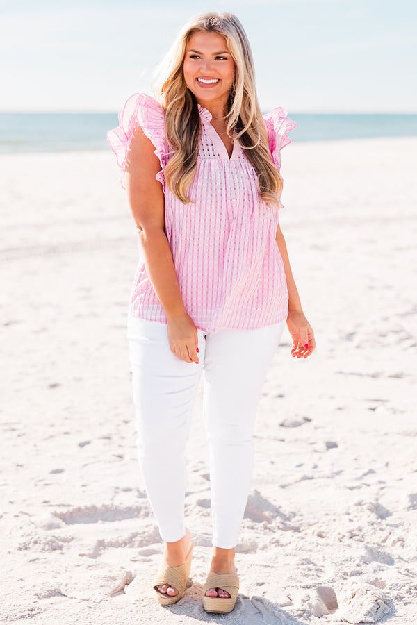 Chic Soul plus size clothing, pink short sleeve top with flutter sleeves and striped pattern