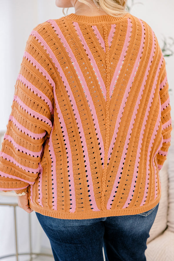 Chic Soul plus size clothing, brown and pink long sleeve sweater with a stripped pattern and hole details throughout 