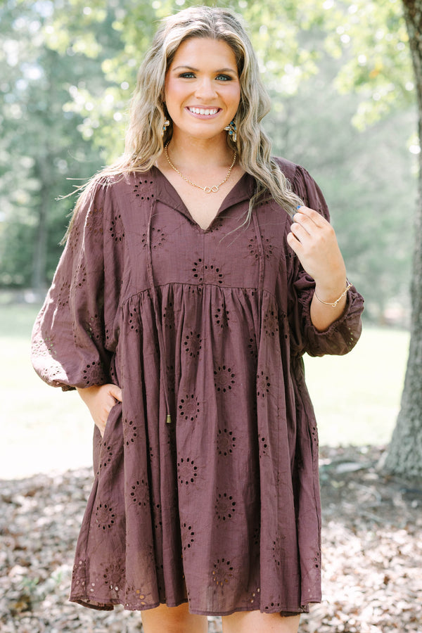 Plus Size brown cotton eyelet dress with a V-neckline, tie details, and long puff sleeves.