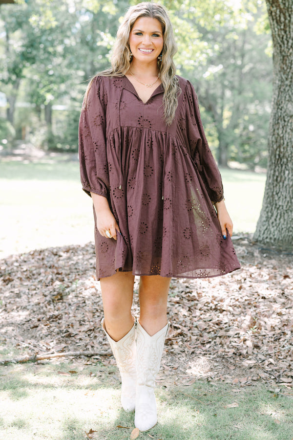 Plus Size brown cotton eyelet dress with a V-neckline, tie details, and long puff sleeves.