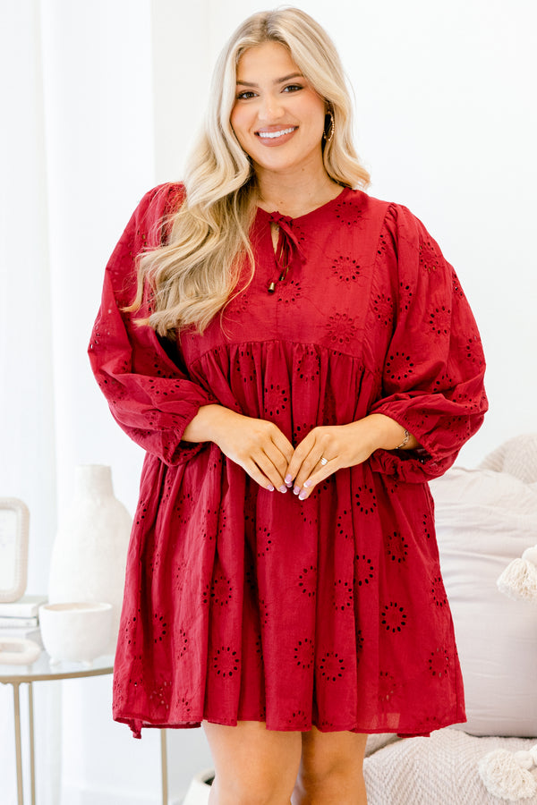 Chic Soul plus size clothing, burgundy red long sleeve baby doll short dress with eyelet circular pattern and tie at the neckline