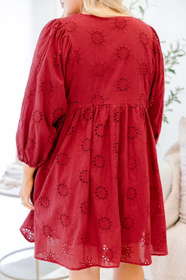 Chic Soul plus size clothing, burgundy red long sleeve baby doll short dress with eyelet circular pattern and tie at the neckline