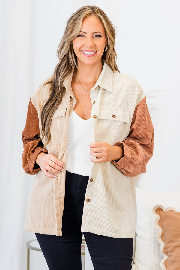 Chic Soul plus size clothing, taupe corduroy button up shacket with taupe body with rust sleeve and pink sleeve with collar