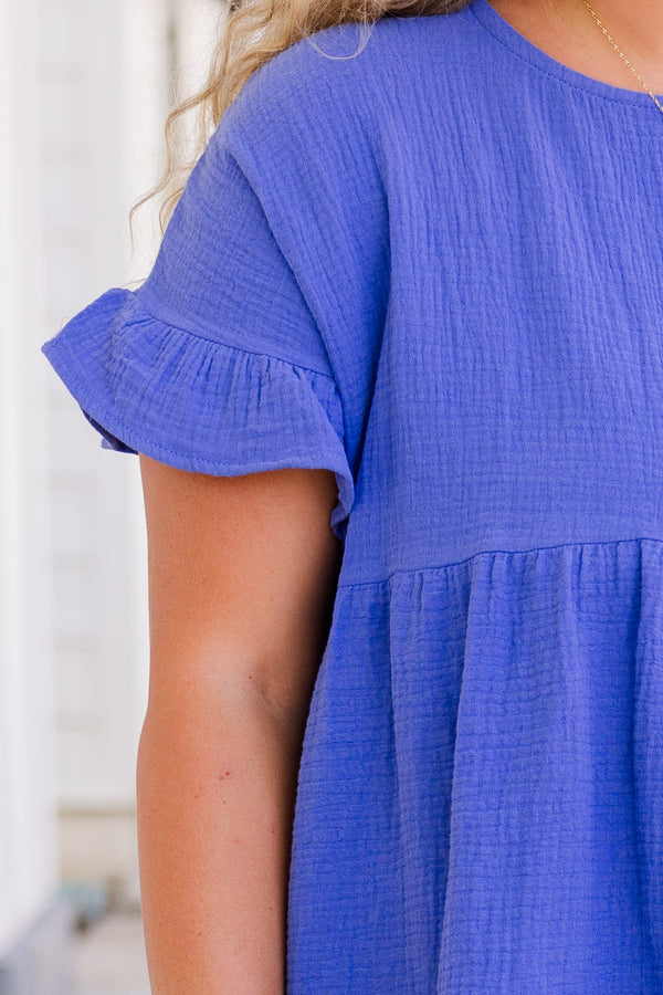 Chic Soul plus size clothing, short sleeve linen top with tiered detail with ruffle along sleeves with round neckline