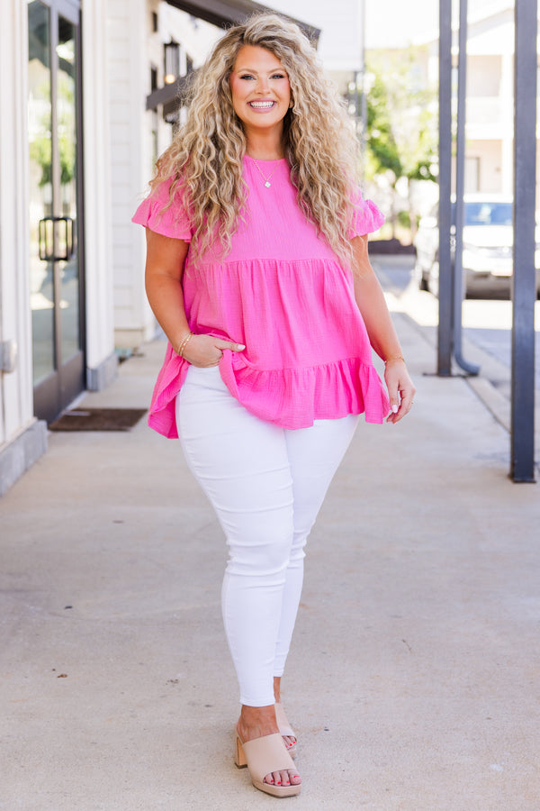 Chic Soul plus size clothing, short sleeve pink linen top with tiered detail with round neckline and ruffle along sleeves