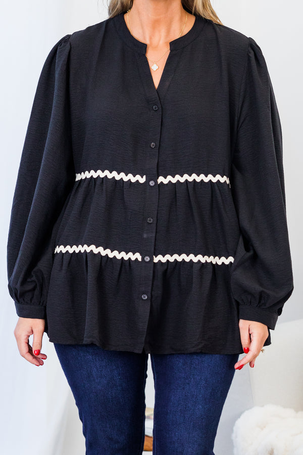  Chic Soul plus size clothing, long-sleeve black buttoned baby doll top with white squiggle pattern detailing and balloon sleeves