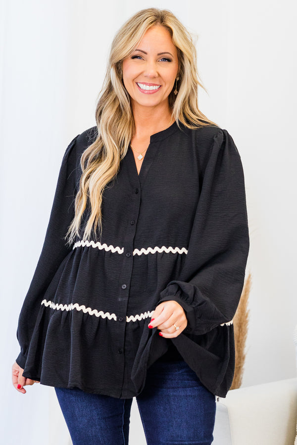  Chic Soul plus size clothing, long-sleeve black buttoned baby doll top with white squiggle pattern detailing and balloon sleeves