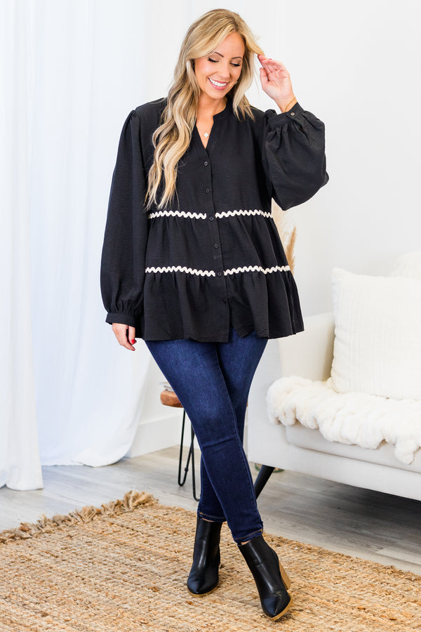  Chic Soul plus size clothing, long-sleeve black buttoned baby doll top with white squiggle pattern detailing and balloon sleeves