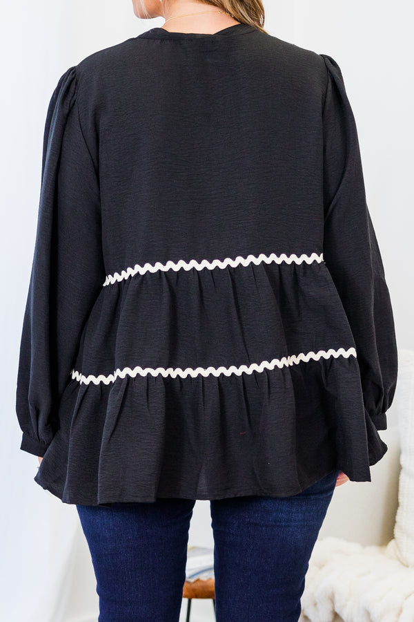  Chic Soul plus size clothing, long-sleeve black buttoned baby doll top with white squiggle pattern detailing and balloon sleeves