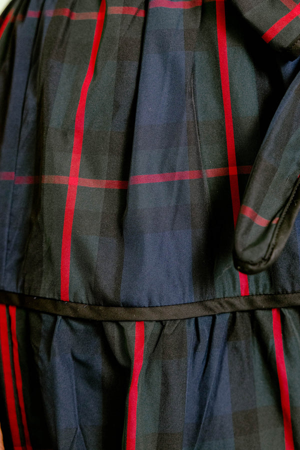 Chic Soul plus size clothing, navy red and green tartan plaid short puff sleeve tiered maxi dress with tie belt