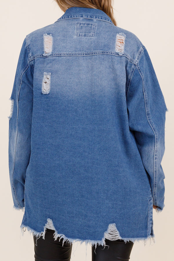 Chic Soul plus size clothing, medium wash distressed denim jacket with frayed hemline and sleeves