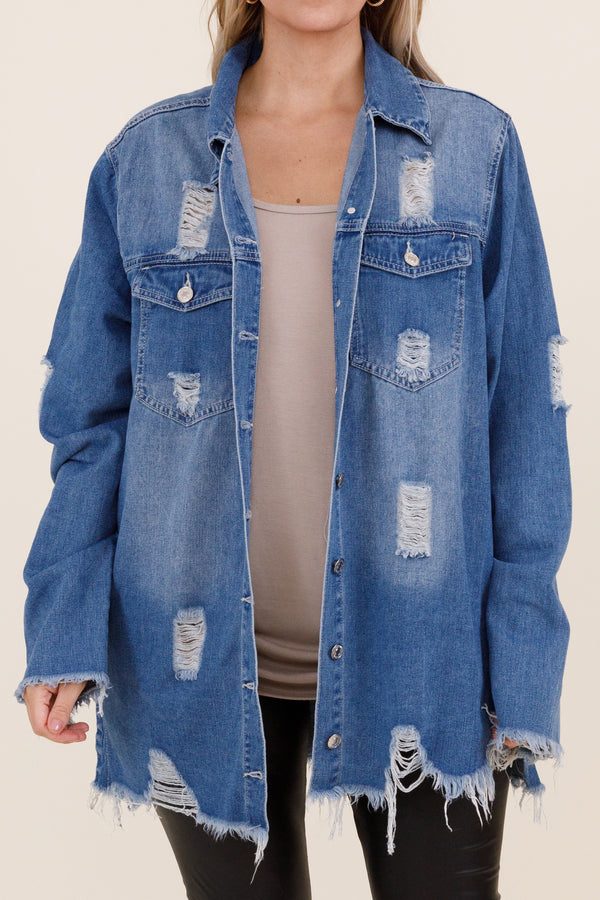 Chic Soul plus size clothing, medium wash distressed denim jacket with frayed hemline and sleeves