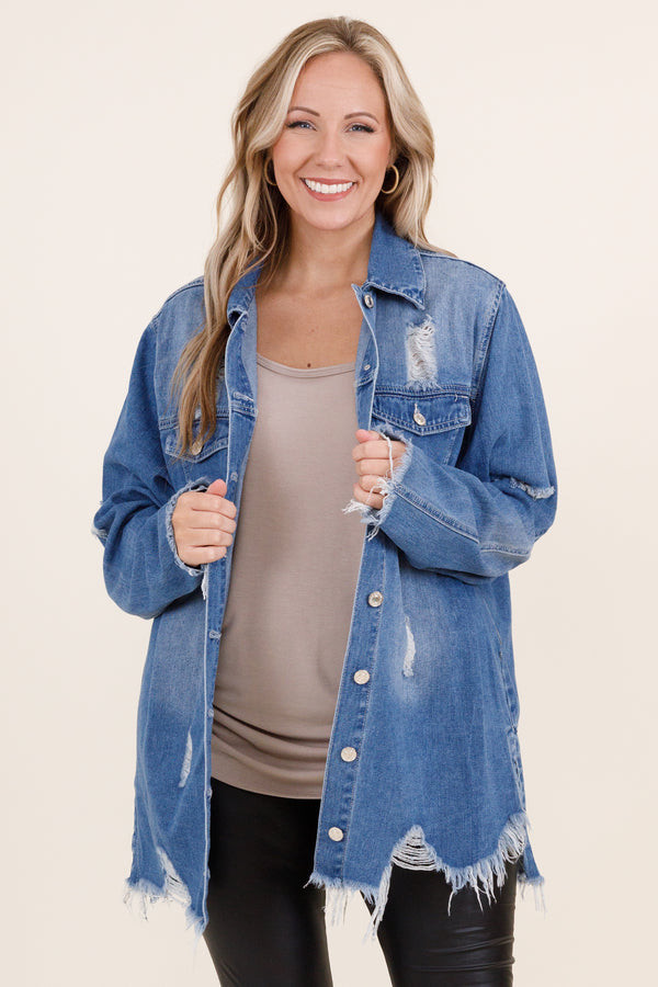 Chic Soul plus size clothing, medium wash distressed denim jacket with frayed hemline and sleeves