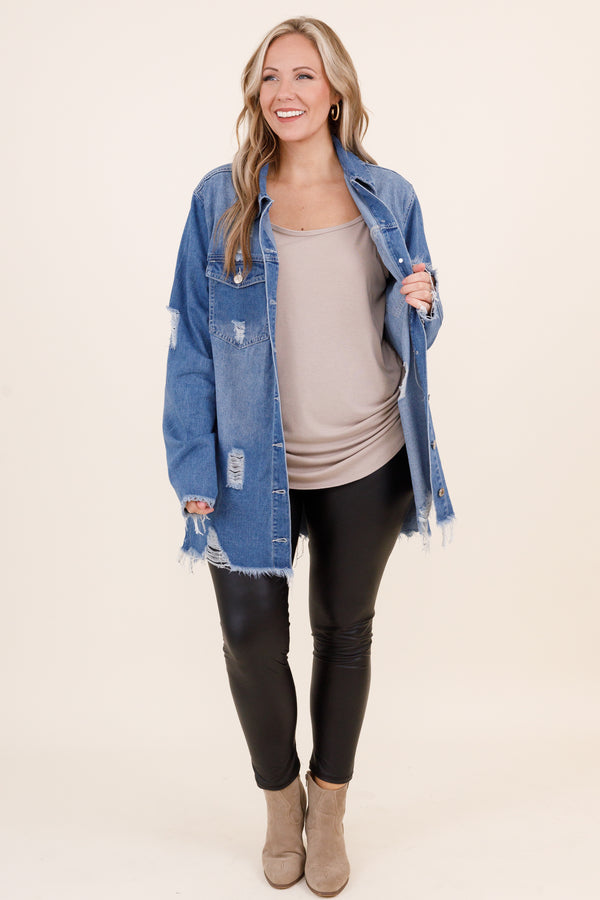 Chic Soul plus size clothing, medium wash distressed denim jacket with frayed hemline and sleeves