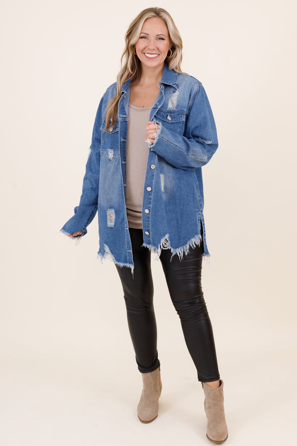 Chic Soul plus size clothing, medium wash distressed denim jacket with frayed hemline and sleeves
